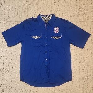 Avirex Royal Blue Crest Logo Button Down Short Sleeve Casual Shirt Vintage Y2K